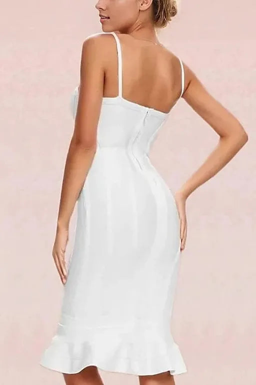 Woman wearing a figure flattering  Joy Bandage Midi Dress - Pearl White Bodycon Collection