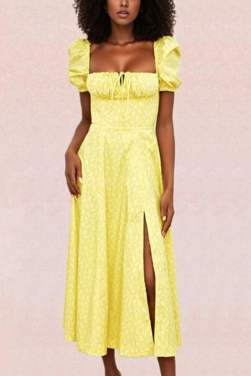 Woman wearing a figure flattering  Kaia Bodycon Day Midi Dress - Sun Yellow BODYCON COLLECTION