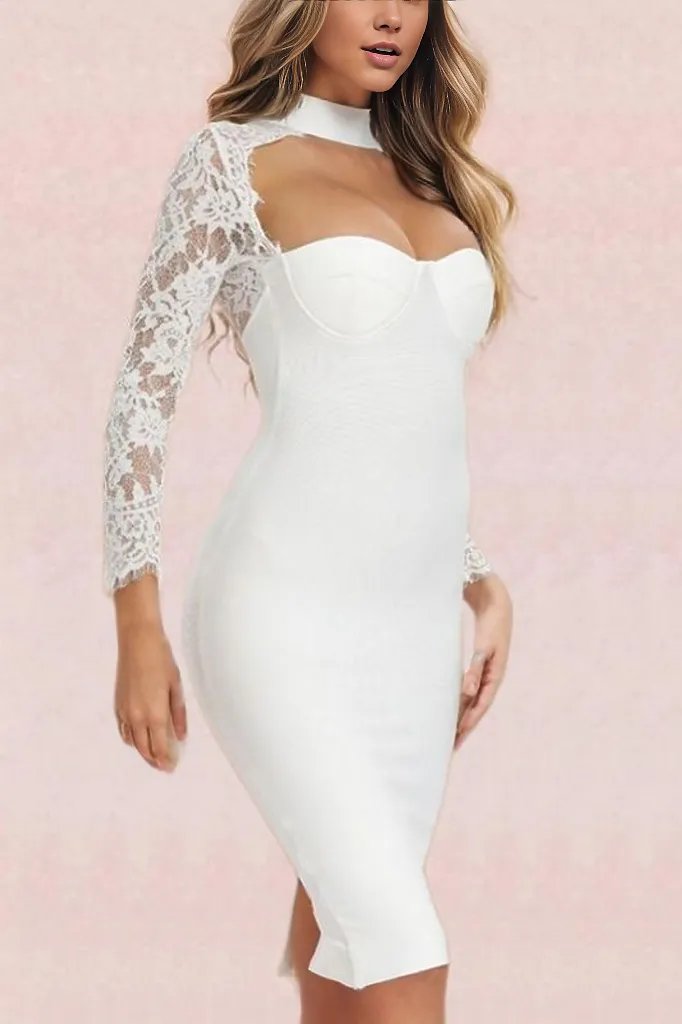 Woman wearing a figure flattering  Kailey Long Sleeve Bandage Dress - Pearl White BODYCON COLLECTION