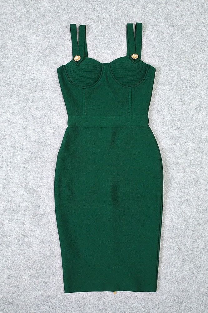 Woman wearing a figure flattering  Kate Bandage Dress - Emerald Green Bodycon Collection