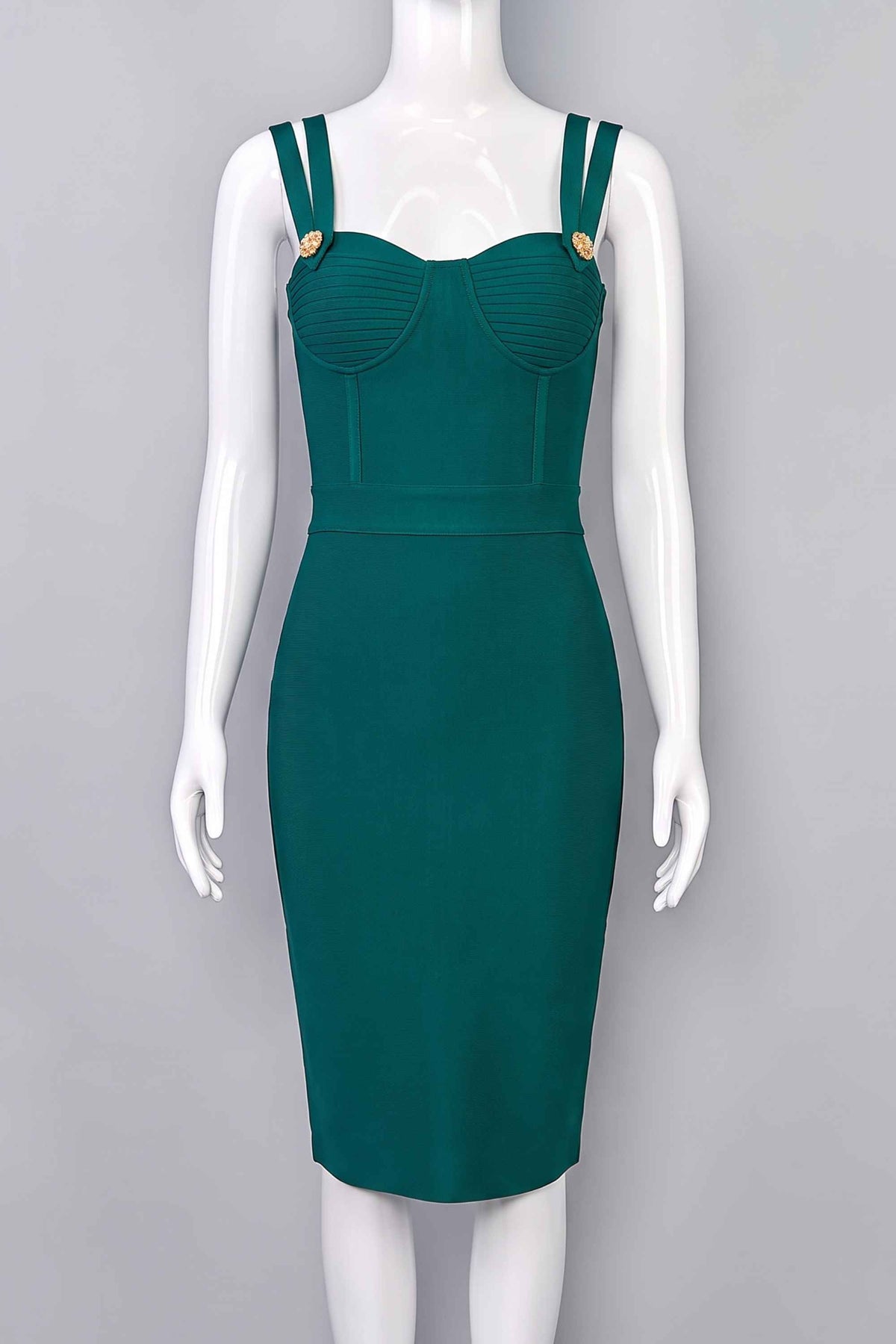 Woman wearing a figure flattering  Kate Bandage Dress - Emerald Green Bodycon Collection