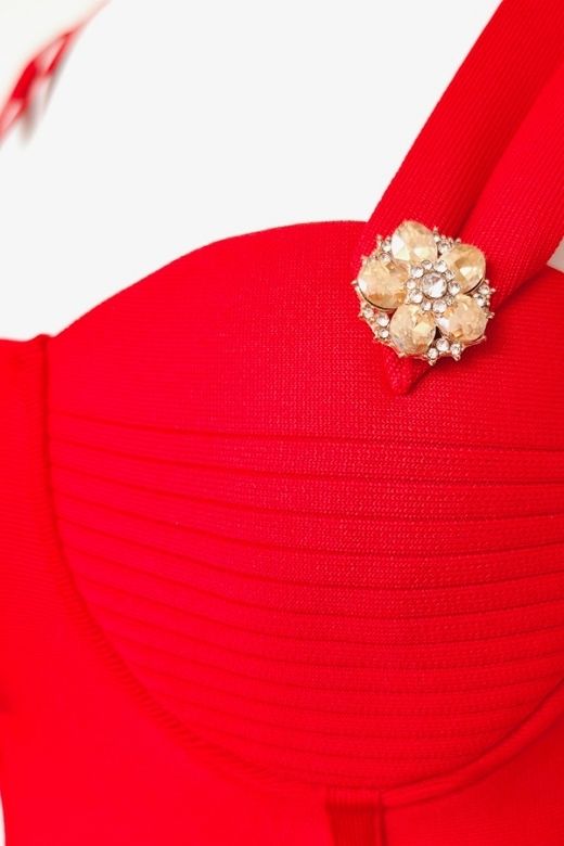 Woman wearing a figure flattering  Kate Bandage Dress - Lipstick Red Bodycon Collection