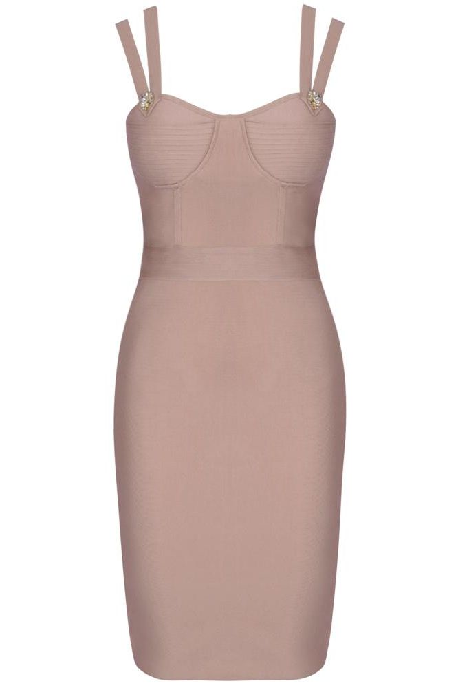 Woman wearing a figure flattering  Kate Bandage Dress - Nude Bodycon Collection