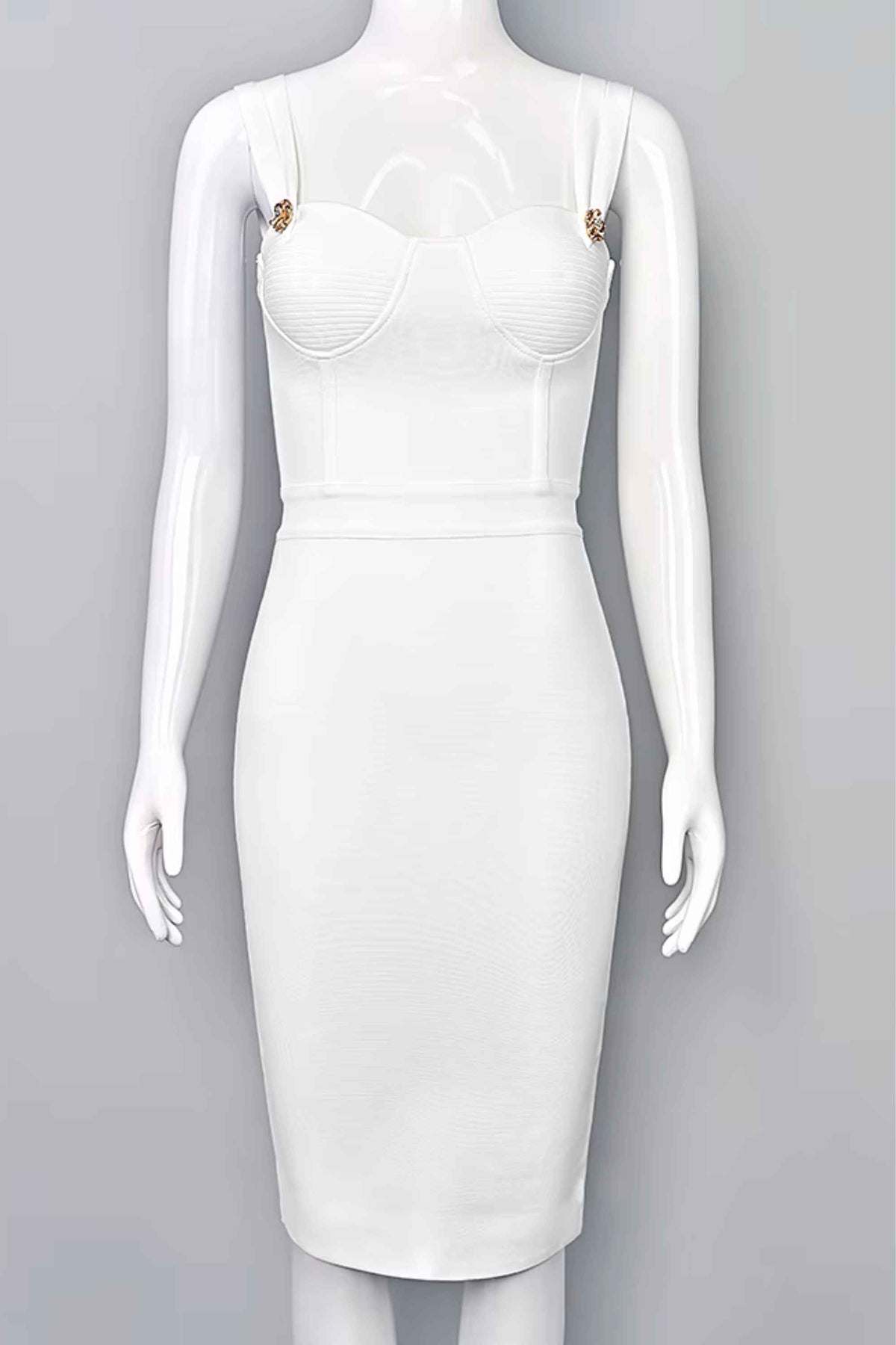 Woman wearing a figure flattering  Kate Bandage Dress - Pearl White Bodycon Collection