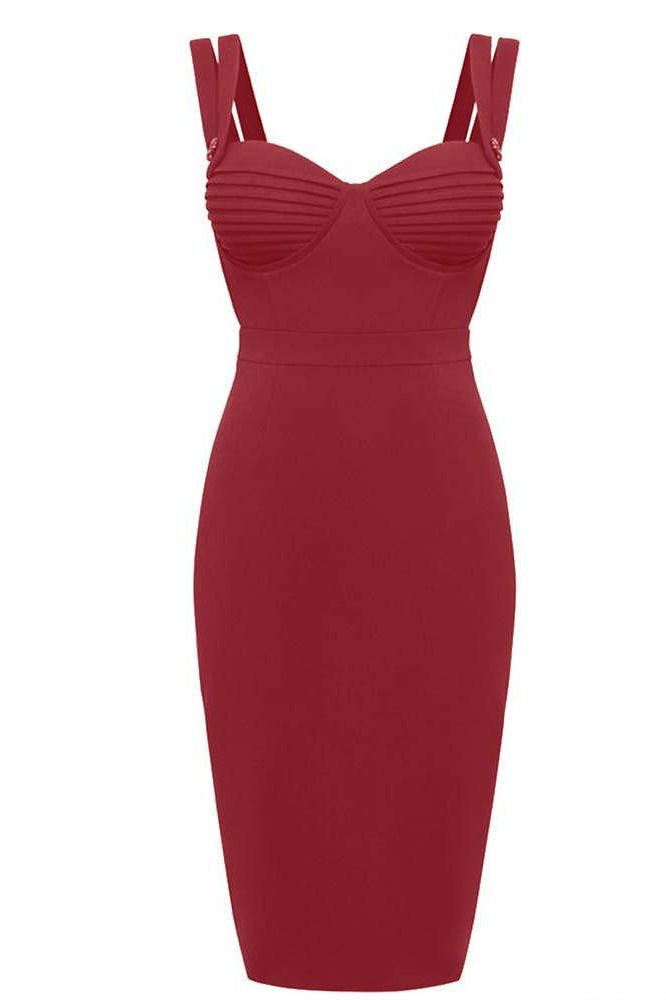 Woman wearing a figure flattering  Kate Bandage Dress - Red Wine Bodycon Collection