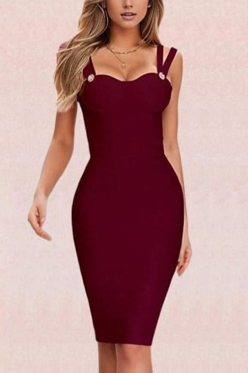 Woman wearing a figure flattering  Kate Bandage Dress - Red Wine Bodycon Collection