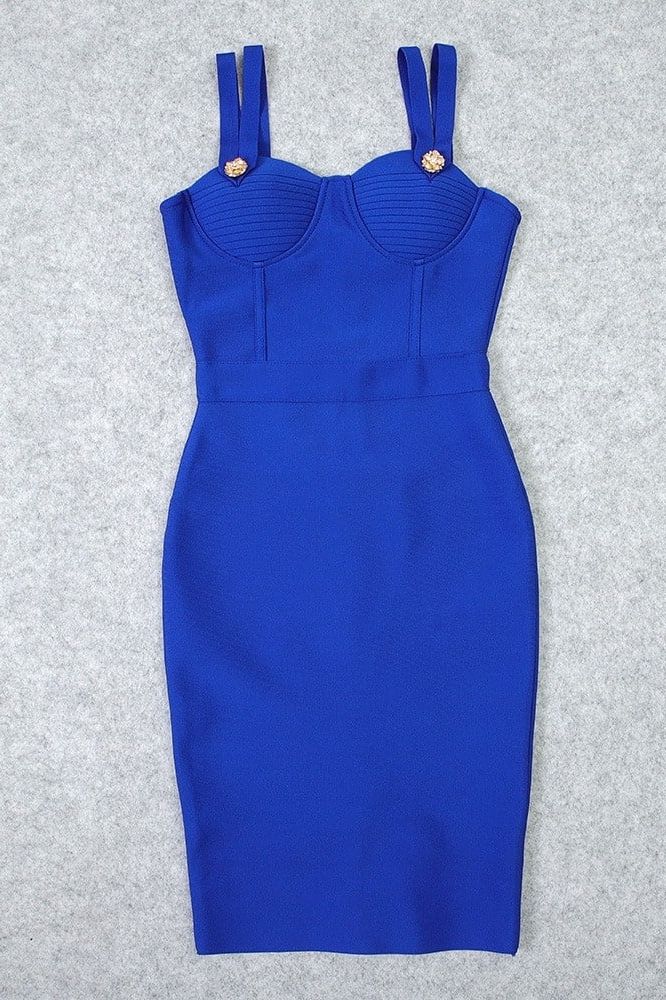 Woman wearing a figure flattering  Kate Bandage Dress - Royal Blue Bodycon Collection