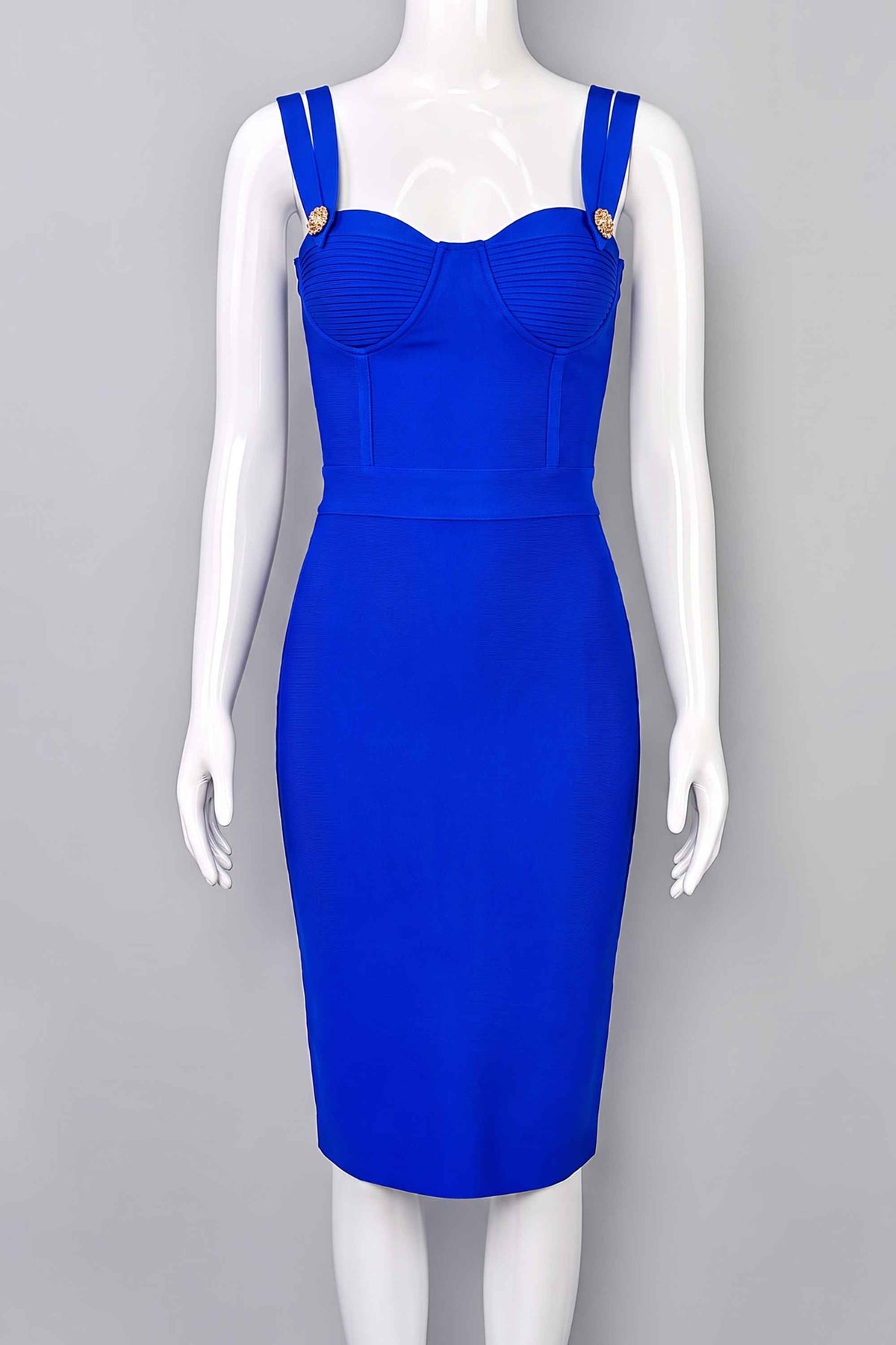 Woman wearing a figure flattering  Kate Bandage Dress - Royal Blue Bodycon Collection