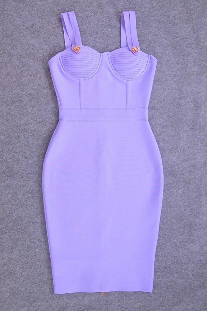 Woman wearing a figure flattering  Kate Bandage Dress - Violet Bodycon Collection