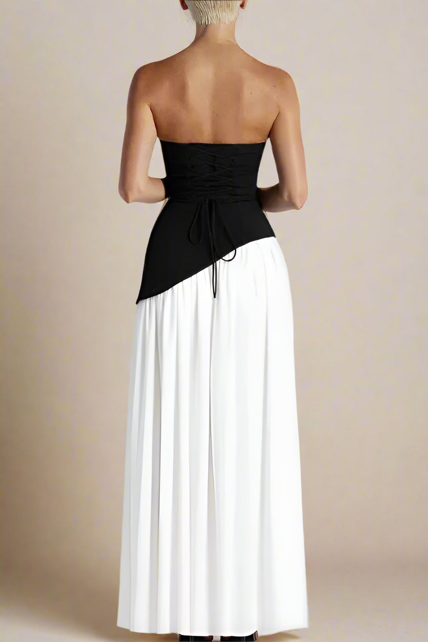 Woman wearing a figure flattering  Kellie Bodycon Maxi Dress - Black & White BODYCON COLLECTION