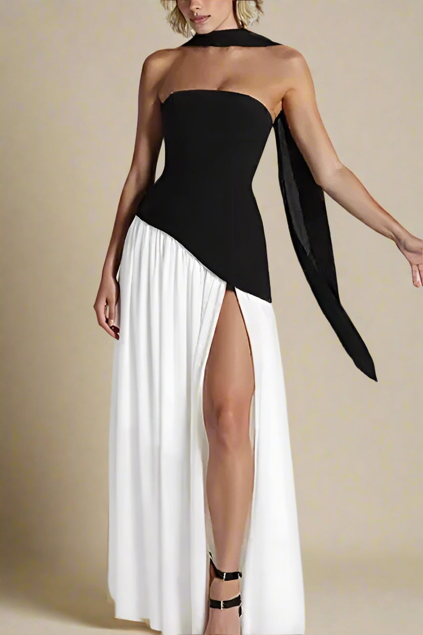 Woman wearing a figure flattering  Kellie Bodycon Maxi Dress - Black & White BODYCON COLLECTION