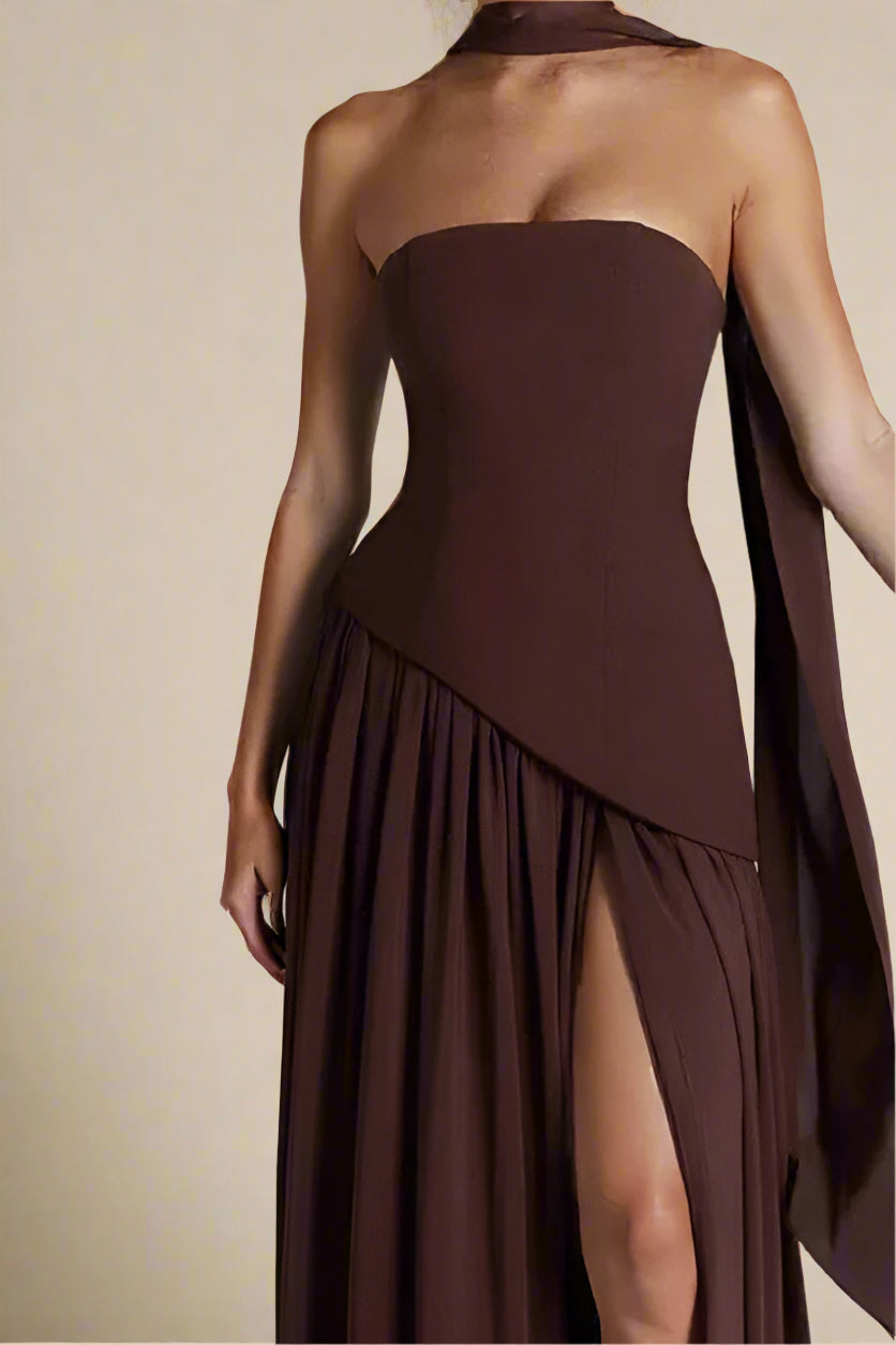 Woman wearing a figure flattering  Kellie Bodycon Maxi Dress - Chocolate Brown BODYCON COLLECTION