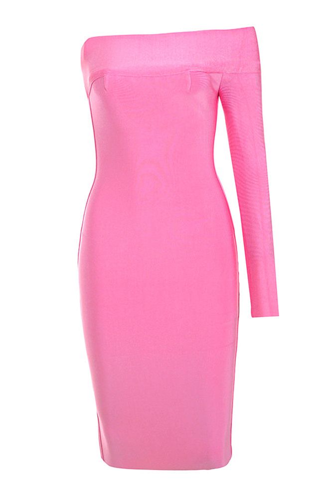 Woman wearing a figure flattering  Kelly Long Sleeve Bandage Dress - Hot Pink BODYCON COLLECTION