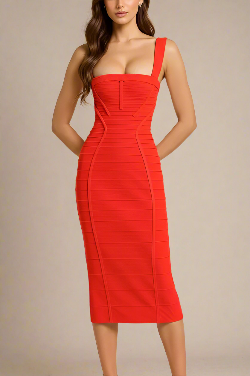 Woman wearing a figure flattering  Kendall Bandage Midi Dress - Lipstick Red BODYCON COLLECTION