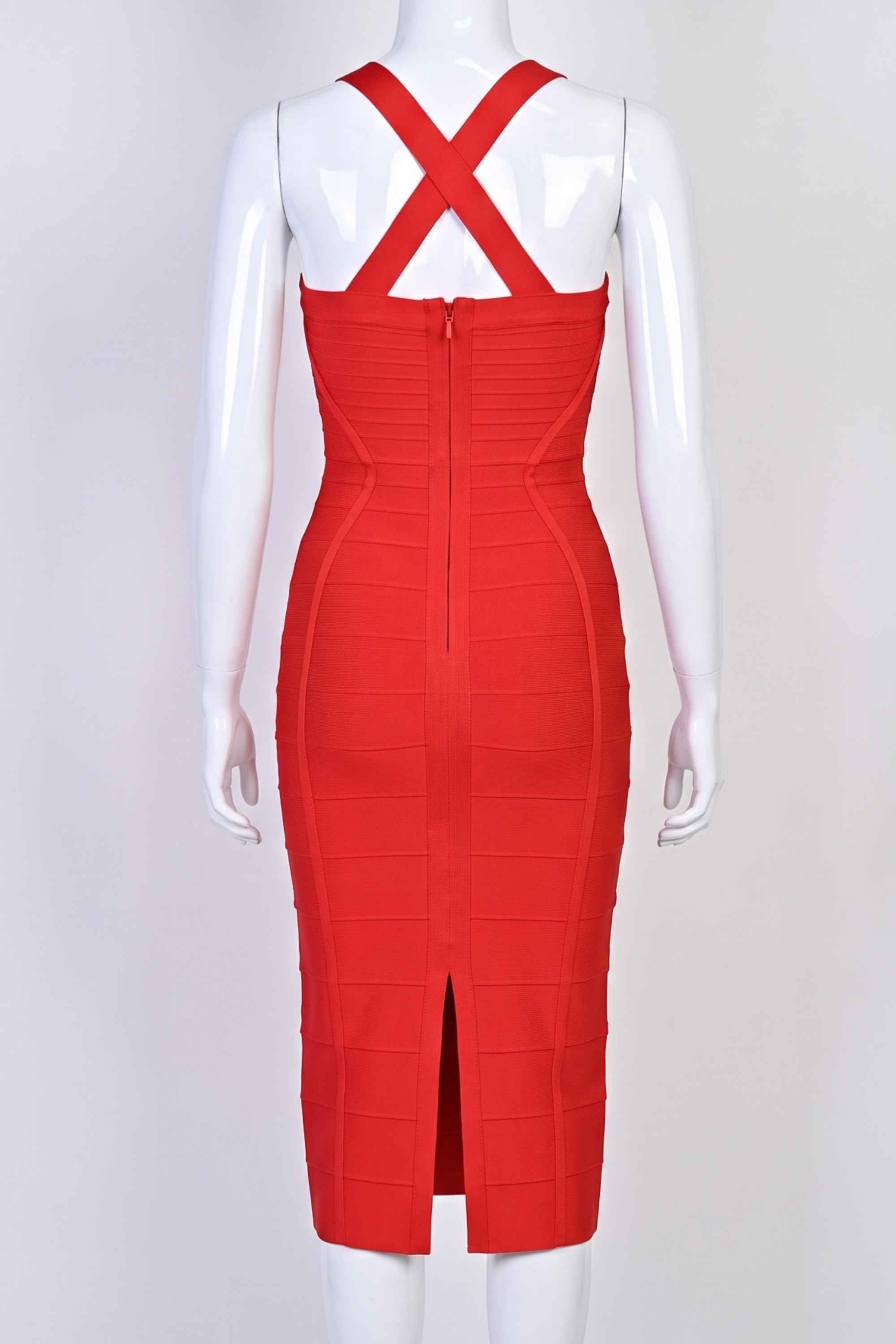 Woman wearing a figure flattering  Kendall Bandage Midi Dress - Lipstick Red BODYCON COLLECTION