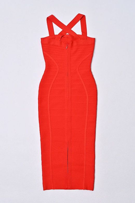 Woman wearing a figure flattering  Kendall Bandage Midi Dress - Lipstick Red BODYCON COLLECTION