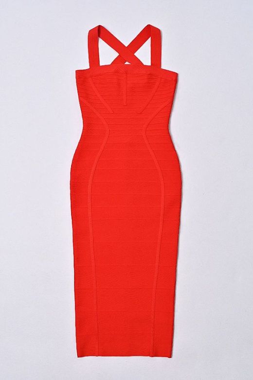 Woman wearing a figure flattering  Kendall Bandage Midi Dress - Lipstick Red BODYCON COLLECTION