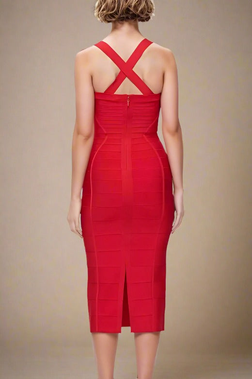 Woman wearing a figure flattering  Kendall Bandage Midi Dress - Lipstick Red BODYCON COLLECTION