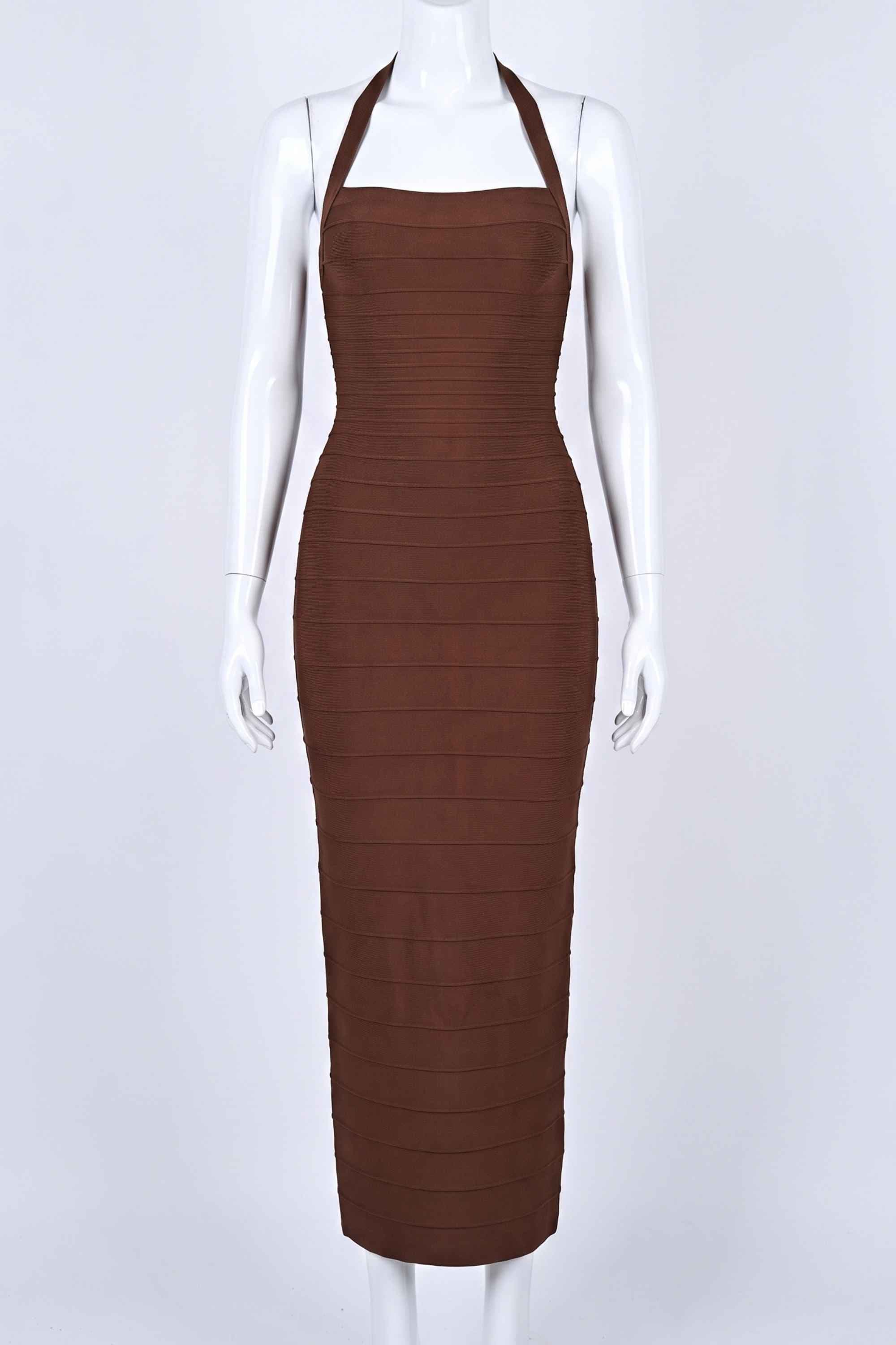 Woman wearing a figure flattering  Kia Bandage Maxi Dress - Chocolate Brown BODYCON COLLECTION Pty Ltd