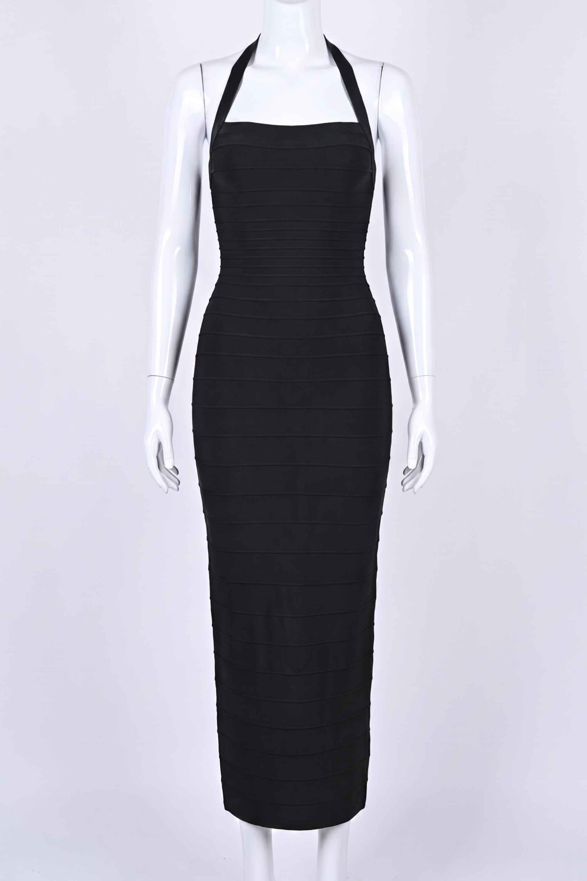 Woman wearing a figure flattering  Kia Bandage Maxi Dress - Classic Black BODYCON COLLECTION Pty Ltd
