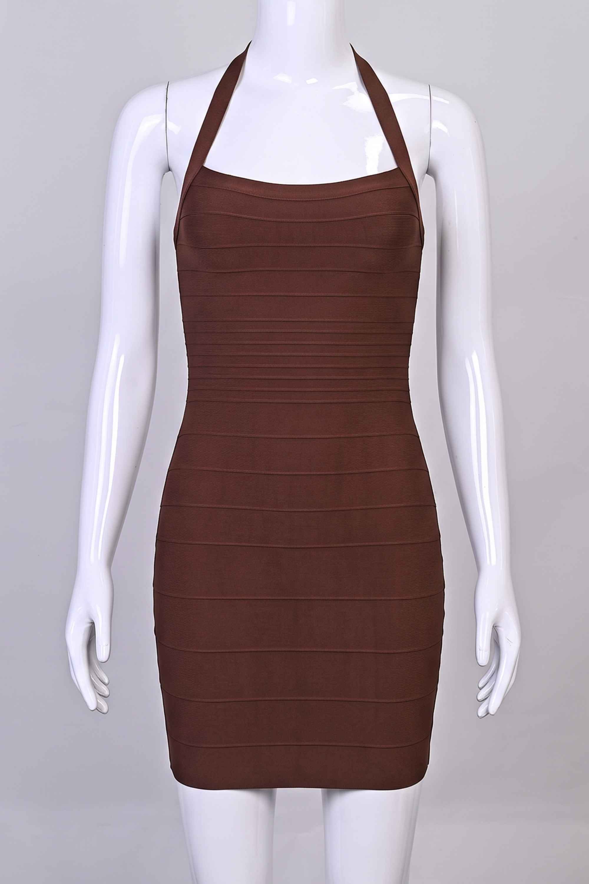 Woman wearing a figure flattering  Kia Bandage Mini Dress - Chocolate Brown BODYCON COLLECTION Pty Ltd