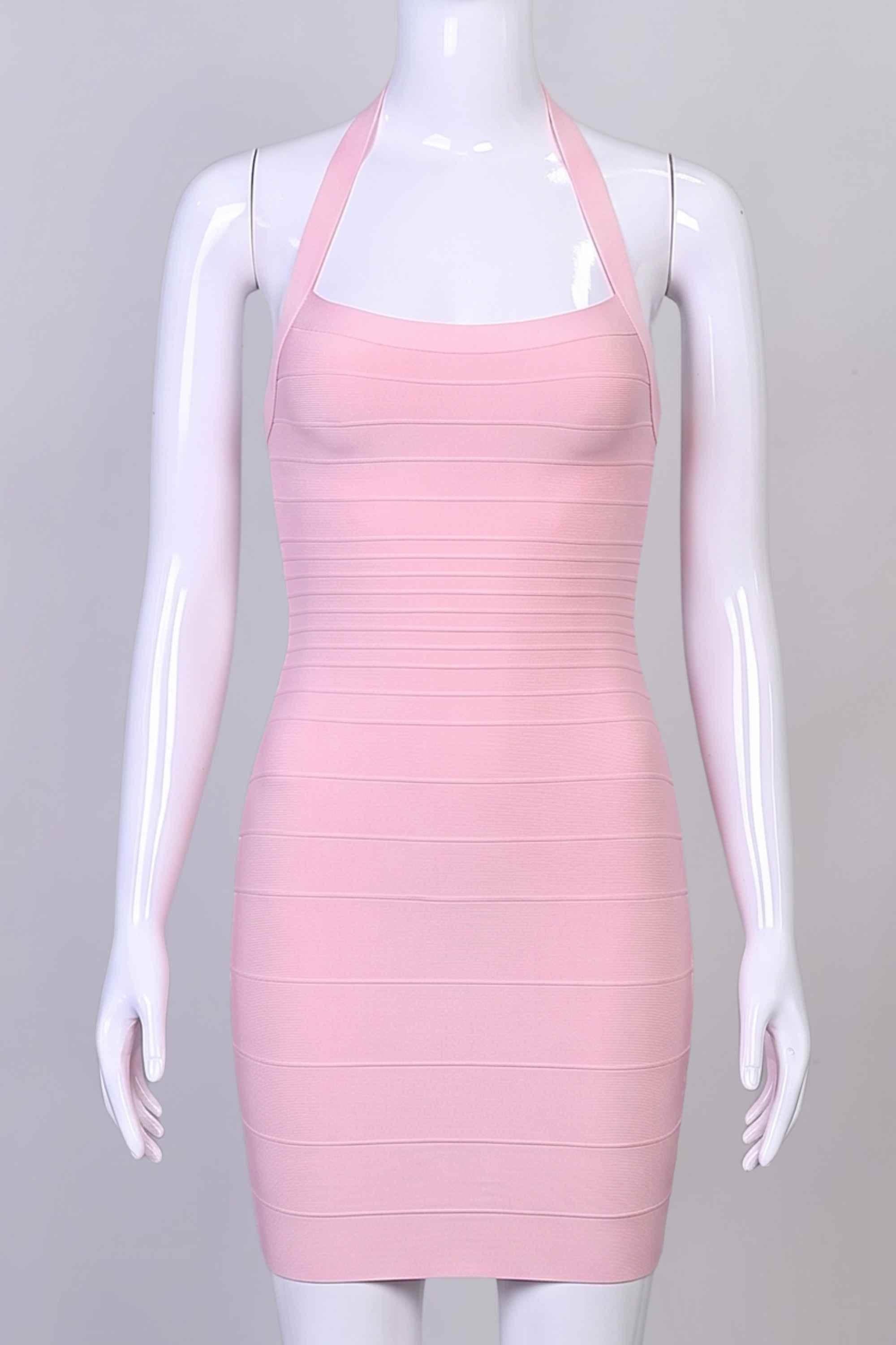Woman wearing a figure flattering  Kia Bandage Mini Dress - Dusty Pink BODYCON COLLECTION Pty Ltd