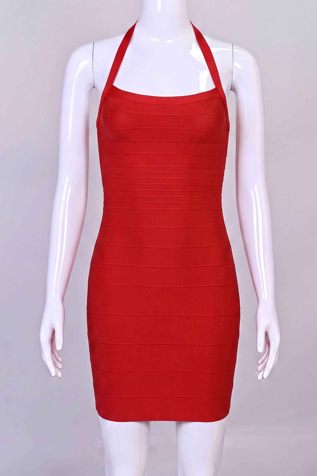 Woman wearing a figure flattering  Kia Bandage Mini Dress - Lipstick Red BODYCON COLLECTION Pty Ltd