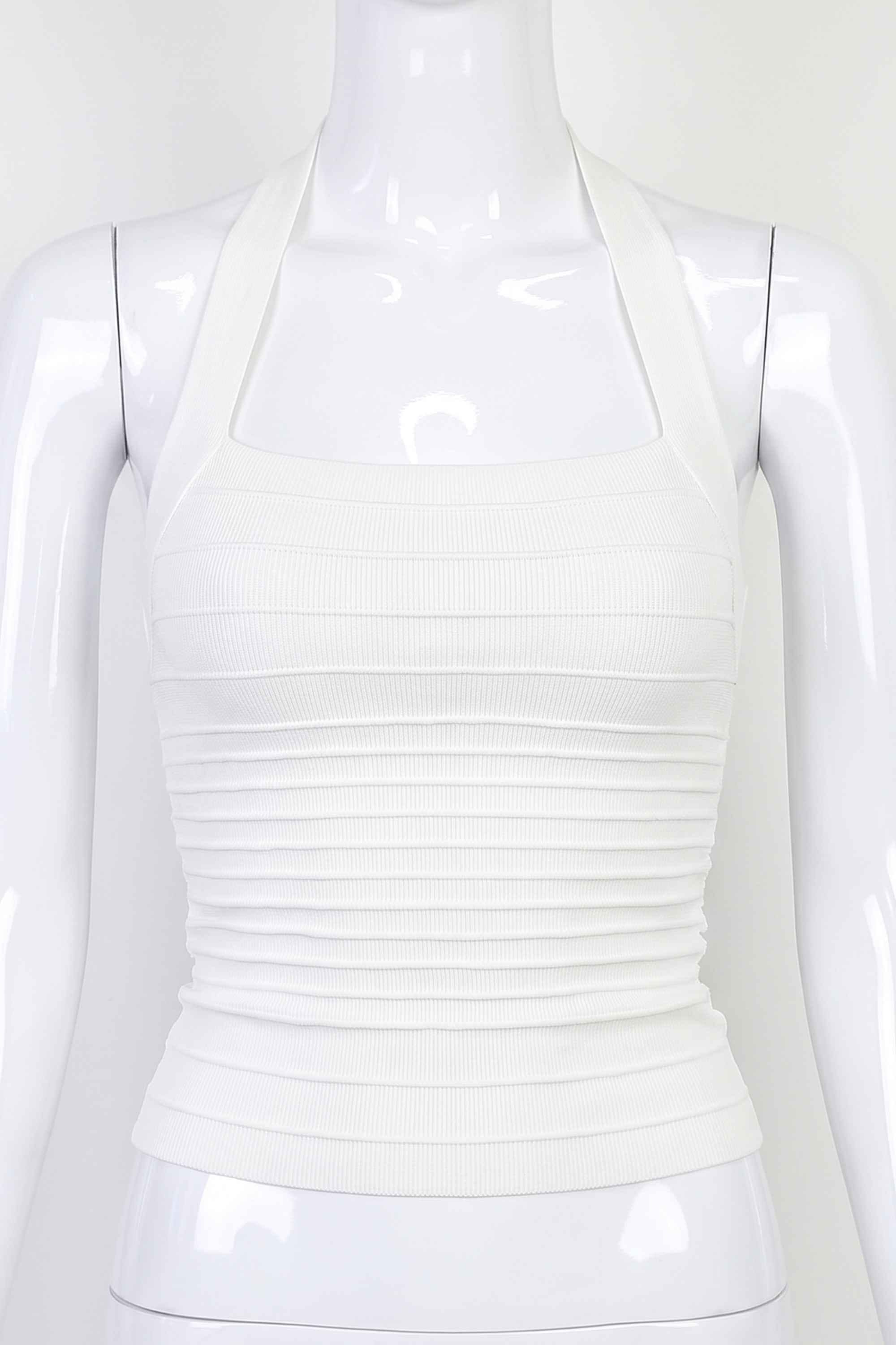 Woman wearing a figure flattering  Kia Bandage Top - Pearl White BODYCON COLLECTION Pty Ltd