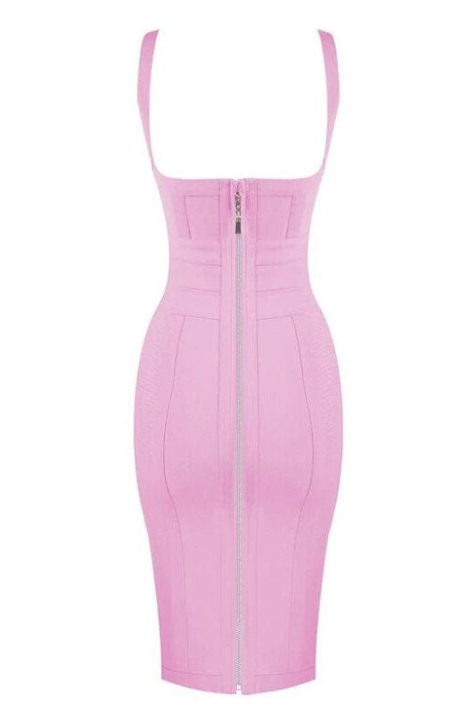 Woman wearing a figure flattering  Kit Bandage Dress - Blush Pink Bodycon Collection
