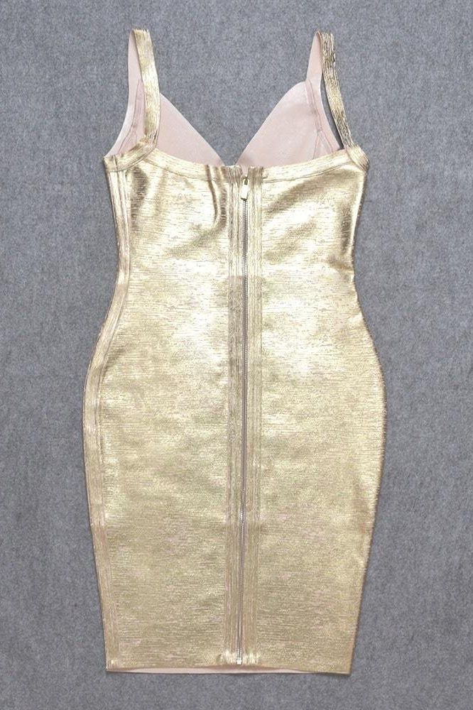 Woman wearing a figure flattering  Kit Bandage Dress - Gold Bodycon Collection