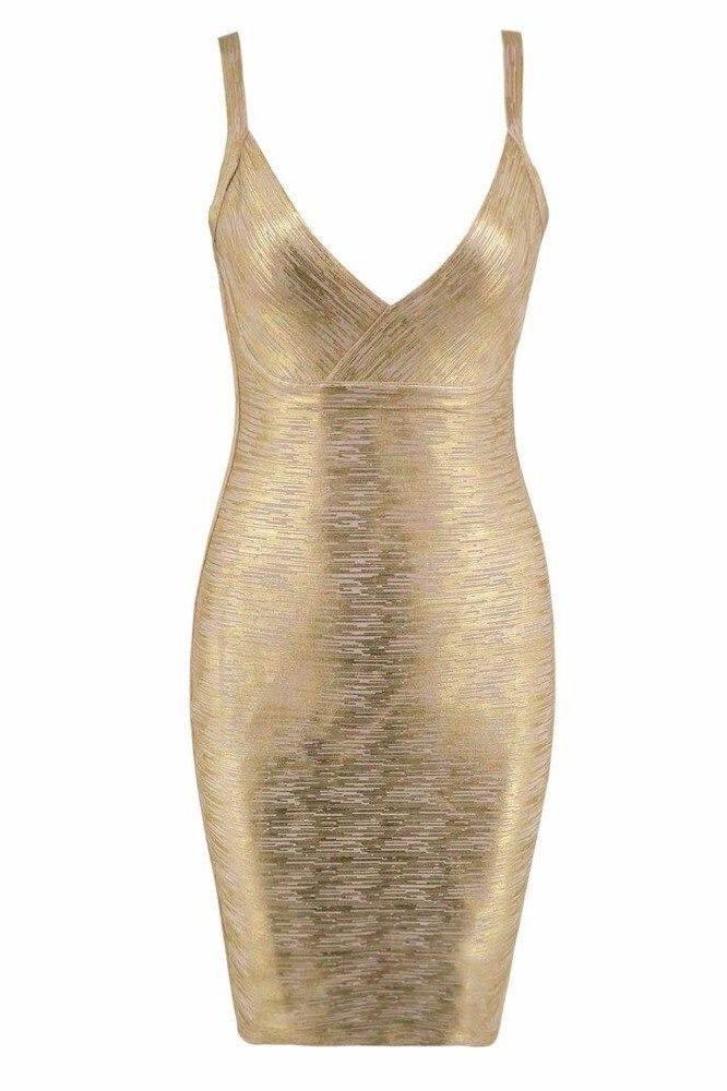 Woman wearing a figure flattering  Kit Bandage Dress - Gold Bodycon Collection