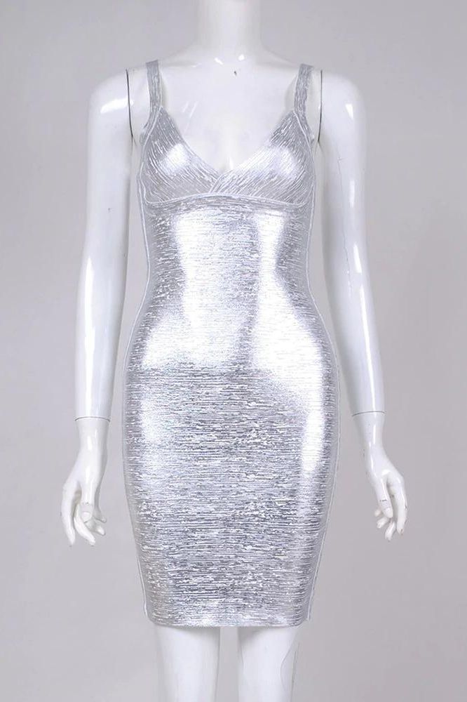 Woman wearing a figure flattering  Kit Bandage Dress - Silver Bodycon Collection