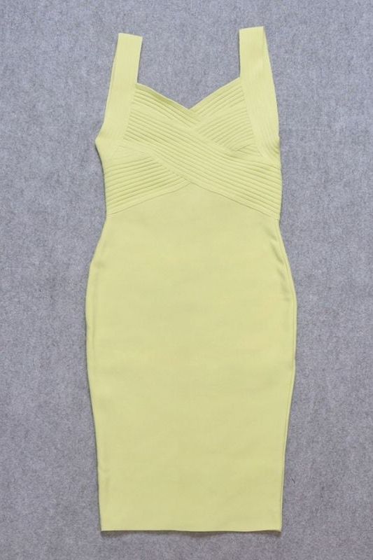 Woman wearing a figure flattering  Kyla Bandage Dress - Sun Yellow BODYCON COLLECTION