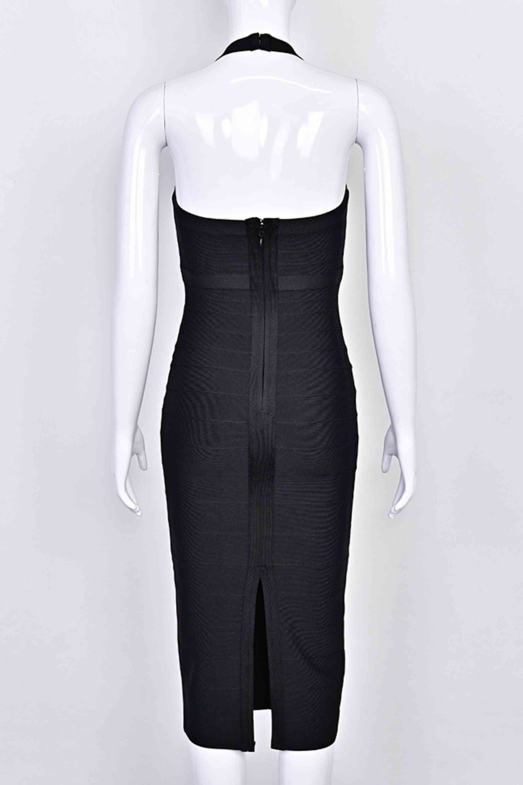Woman wearing a figure flattering  Lara Bandage Midi Dress - Classic Black BODYCON COLLECTION Pty Ltd