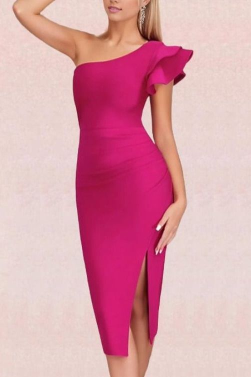 Woman wearing a figure flattering  Lara Bodycon Dress - Magenta Pink BODYCON COLLECTION