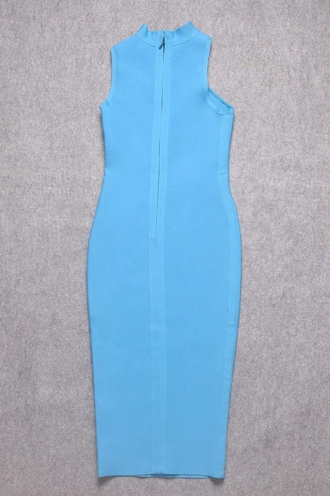 Woman wearing a figure flattering  Layla Bandage Midi Dress - Sky Blue Bodycon Collection