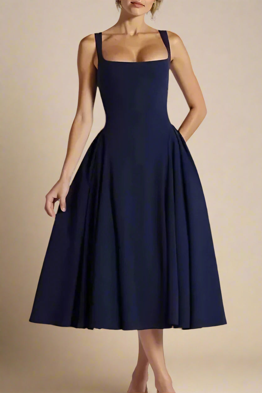 Woman wearing a figure flattering  Layne Bodycon Midi Dress - Navy Blue BODYCON COLLECTION Pty Ltd