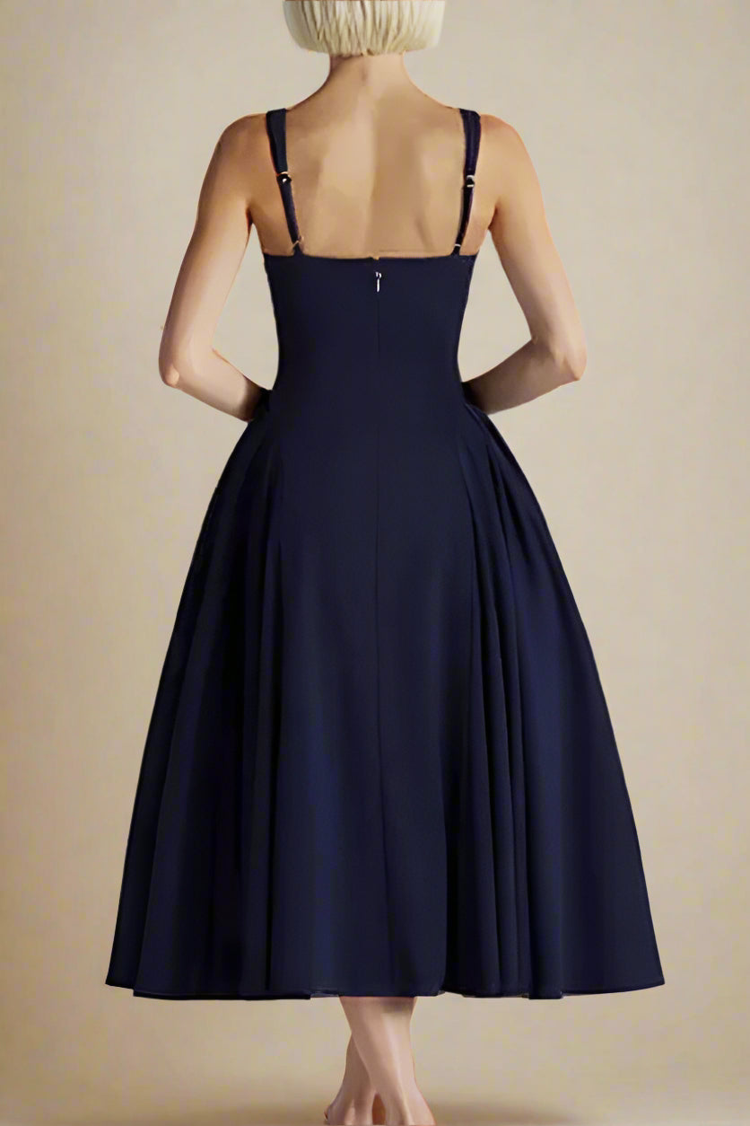 Woman wearing a figure flattering  Layne Bodycon Midi Dress - Navy Blue BODYCON COLLECTION Pty Ltd
