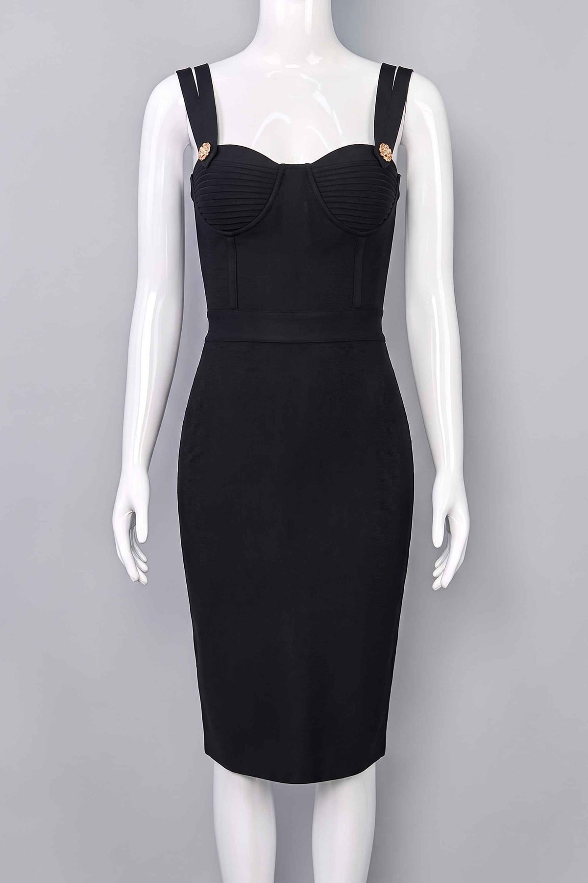 Woman wearing a figure flattering  Kate Bandage Dress - Classic Black Bodycon Collection