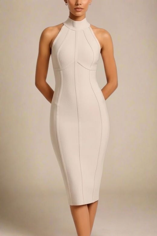 Woman wearing a figure flattering  Lea Bandage Midi Dress - Beige Bodycon Collection