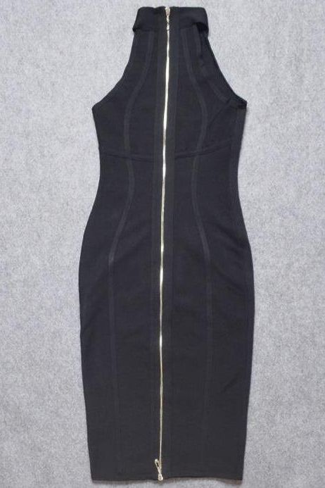 Woman wearing a figure flattering  Lea Bandage Midi Dress - Classic Black Bodycon Collection