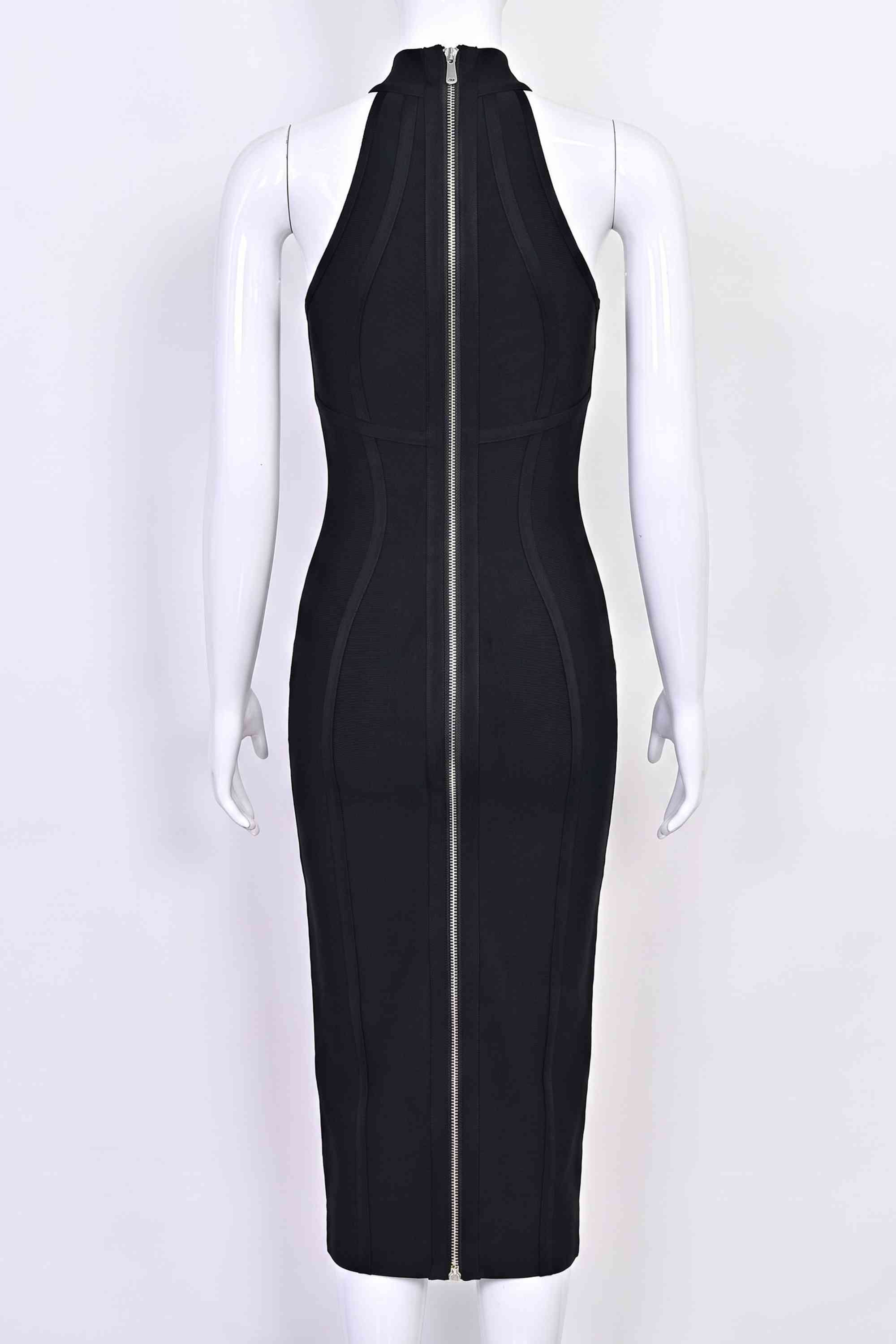 Woman wearing a figure flattering  Lea Bandage Midi Dress - Classic Black Bodycon Collection