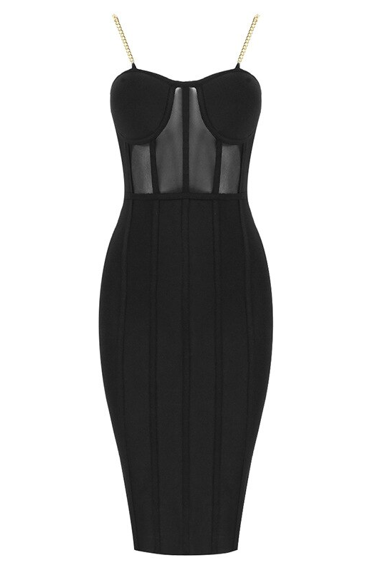 Woman wearing a figure flattering  Leah Bodycon Dress - Classic Black Bodycon Collection