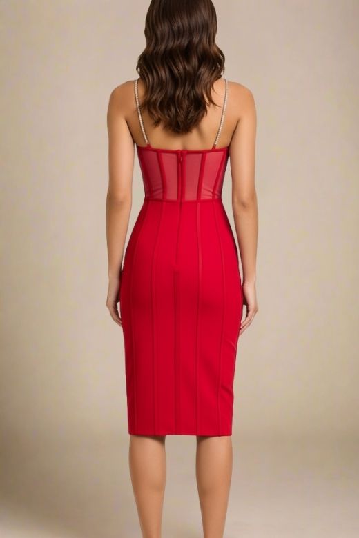 Woman wearing a figure flattering  Leah Bodycon Dress - Lipstick Red Bodycon Collection