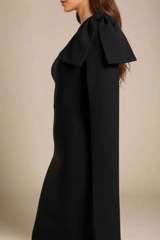 Woman wearing a figure flattering  Lela Long Sleeve Bandage Midi Dress - Classic Black BODYCON COLLECTION