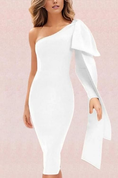Woman wearing a figure flattering  Lela Long Sleeve Bandage Midi Dress - Pearl White BODYCON COLLECTION