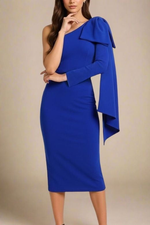 Woman wearing a figure flattering  Lela Long Sleeve Bandage Midi Dress - Royal Blue BODYCON COLLECTION