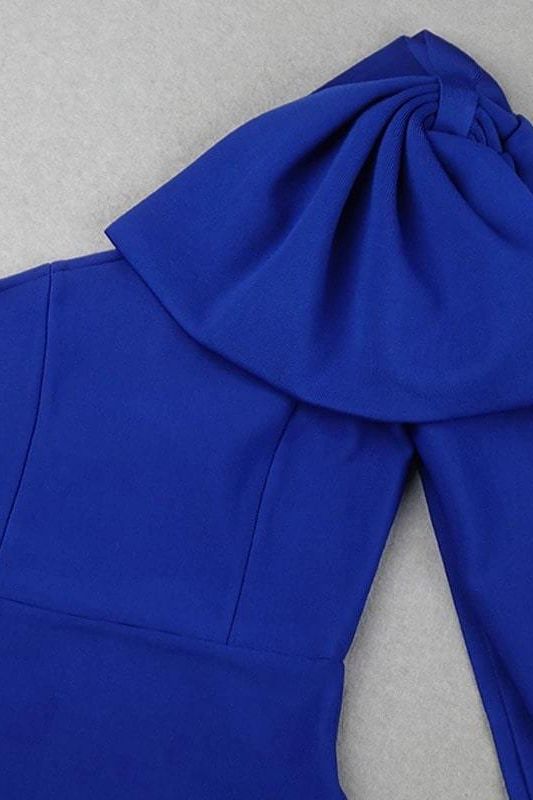 Woman wearing a figure flattering  Lela Long Sleeve Bandage Midi Dress - Royal Blue BODYCON COLLECTION