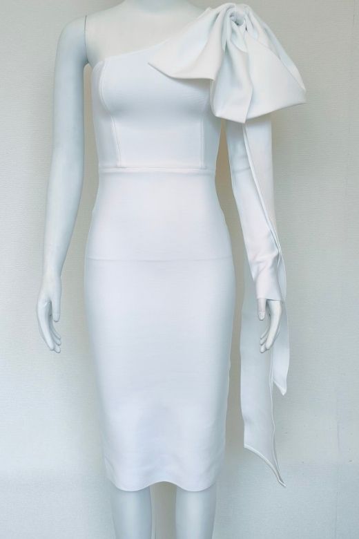 Woman wearing a figure flattering  Lela Long Sleeve Bandage Midi Dress - White Pearl BODYCON COLLECTION