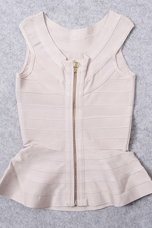 Woman wearing a figure flattering  Leni Bandage Peplum Top - Beige BODYCON COLLECTION